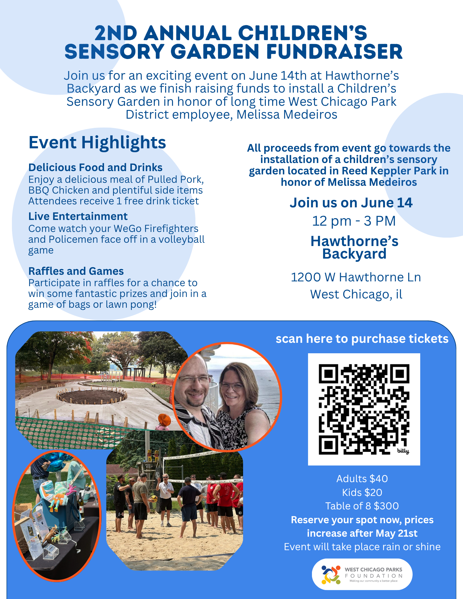 A promotional flyer for the 2nd Annual Children’s Sensory Garden Fundraiser. The event is scheduled for June 14th from 12 pm to 3 pm at Hawthorne’s Backyard in West Chicago, Illinois.</p>
<p>The flyer features a blue and white color scheme with several photos: a construction site for the sensory garden, a couple smiling, and firefighters and police officers playing sand volleyball.
